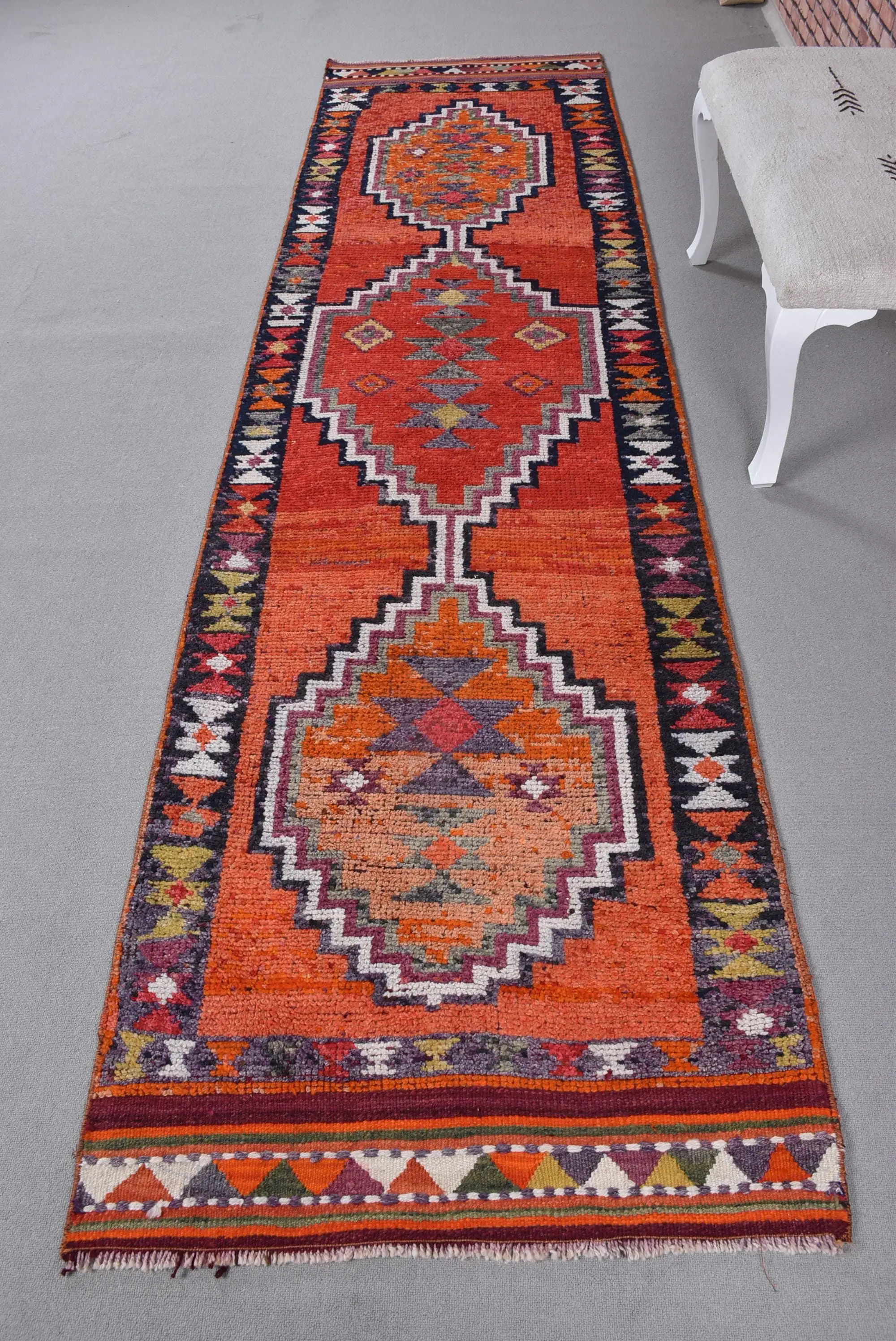 3x11.3 ft Runner Turkish Rug, Vintage Rug, Red Green Floral Wool Rug - 1