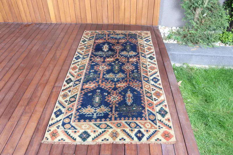 Mavi Oryantal Halı, Turuncu Desenli 3,3x6,5 ft