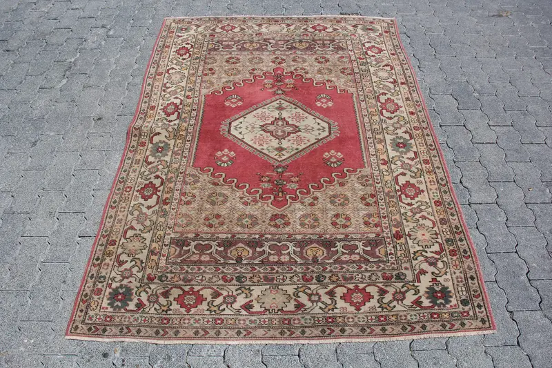 4.3x6 ft Rug, Turkish Vintage Rug, Red Patchwork Wool Rug - 1