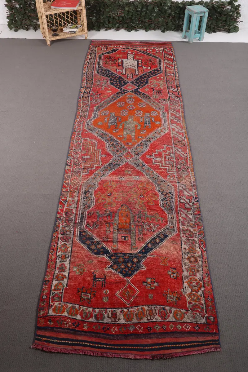 Alfombra turca Herki de 3,3x11,8 pies, alfombra de lana vintage patchwork naranja - 1