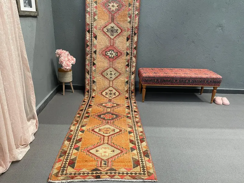 Vintage Turkish Rug 2.9x11.9 ft, Orange Herki Floral Rug - 1