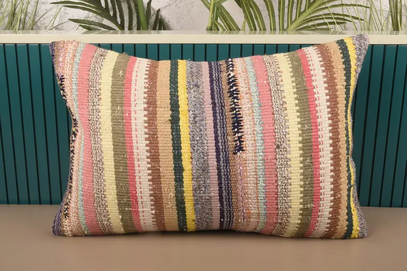 Striped Throw Coastal Pillowcase, Wool Moroccan 16x24 inch Pink Pillow Case - 1