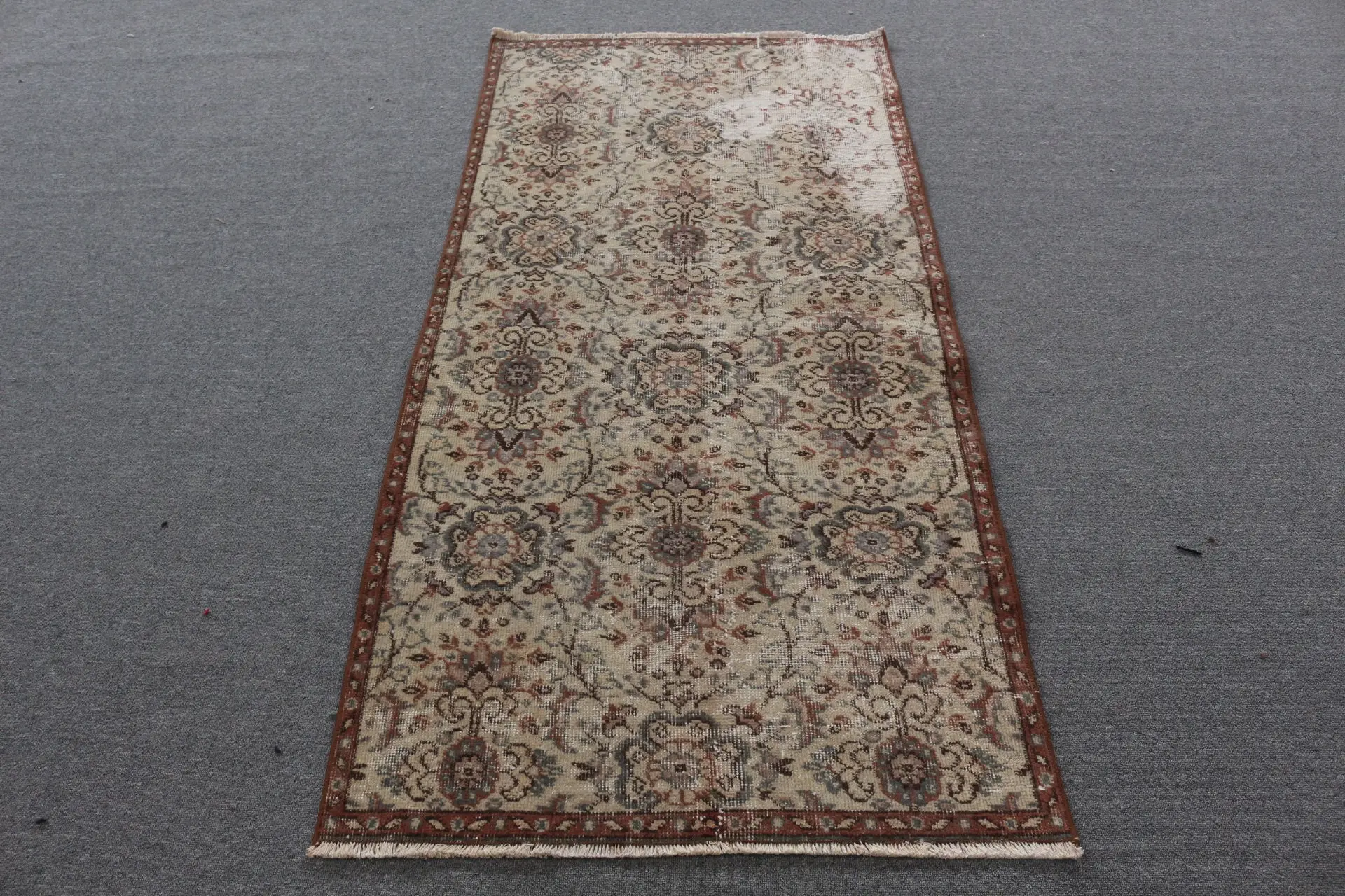 Turkish Vintage Accent Rug 3x6 ft, Brown Wool Rug - 1