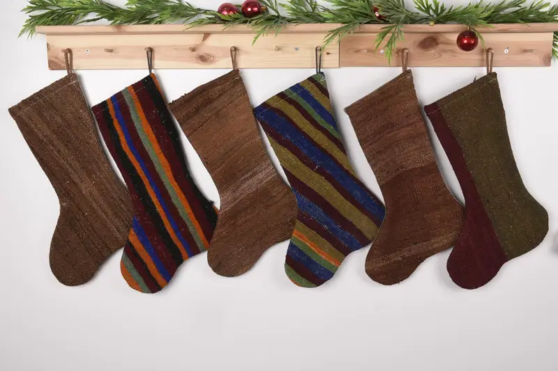 Beige & Brown Christmas Ornaments Stocking, 17 Inch Wide Holiday Stocking