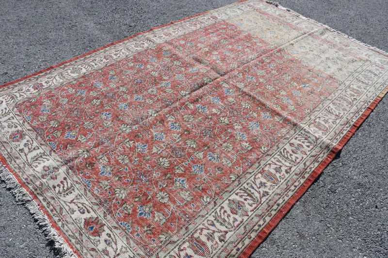 Vintage Türk Halısı, 6.2x9.9 ft Oushak Halı, Kırmızı Mavi Hayvan Baskı Yün Halı - 1