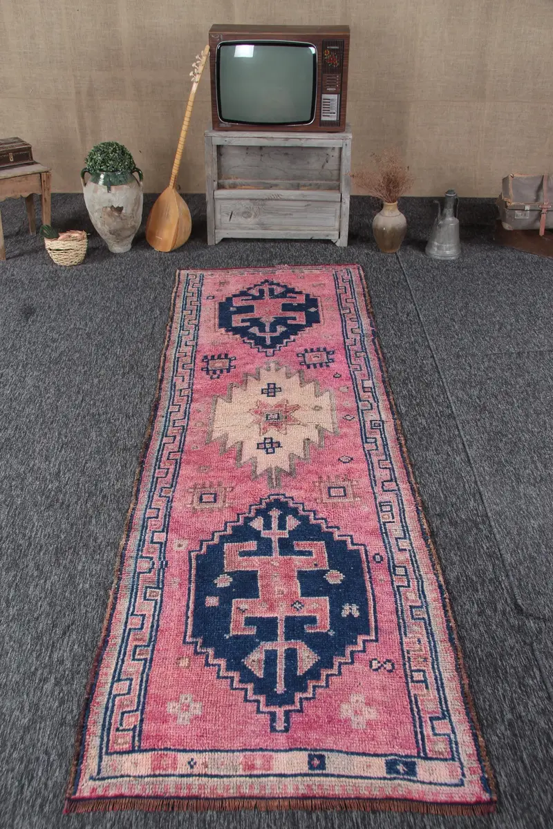 Herki Rug, 3.2x9.9 ft Vintage Rug, Red Abstract Rug Wool - 1