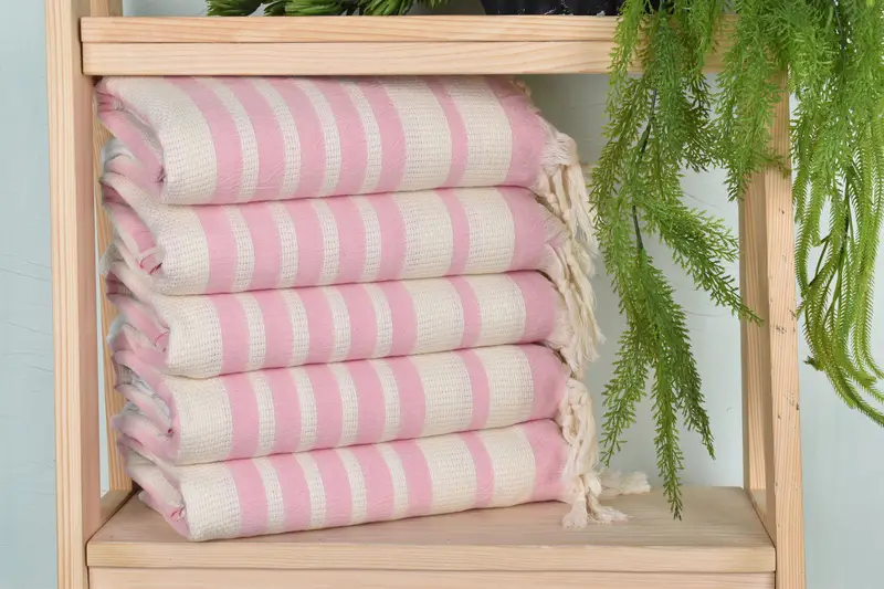 Beach Towel Handmade Organic Cotton Pink Stripes Beige, 34x71 Inches