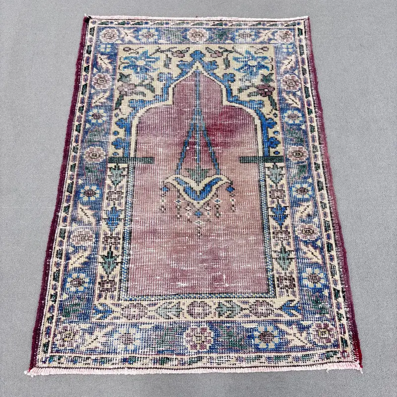 2,9x4 ft Blue Check Rug, Elegant Purple Accents