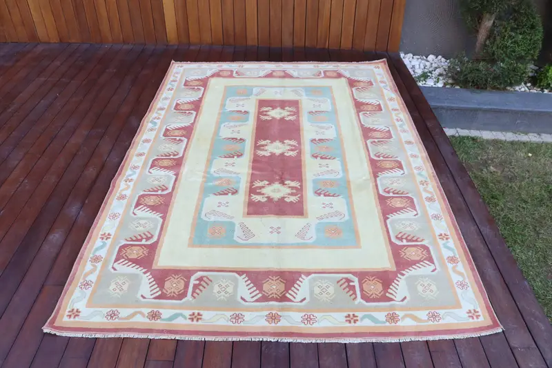 Turkish 5.2x7.7 ft Large Rug, Vintage Rug, Oushak Red Solid Rug - 1