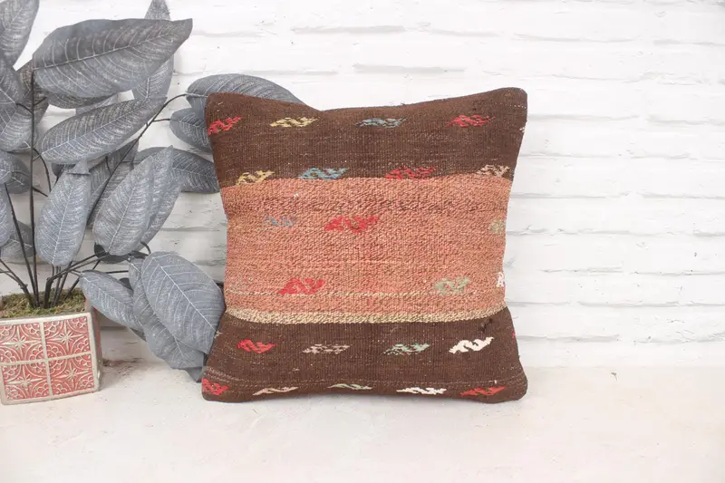 Kilim Cushion Sham, Cushion, Pillow for Couch, Retro Throw Pillow Cover, Nomadic Cushion Cover, Vintage Kilim Throw Pillow, 16x16 Brown Cushion - 1