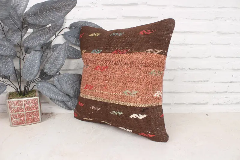 Kilim Cushion Sham, Cushion, Pillow for Couch, Retro Throw Pillow Cover, Nomadic Cushion Cover, Vintage Kilim Throw Pillow, 16x16 Brown Cushion - 4