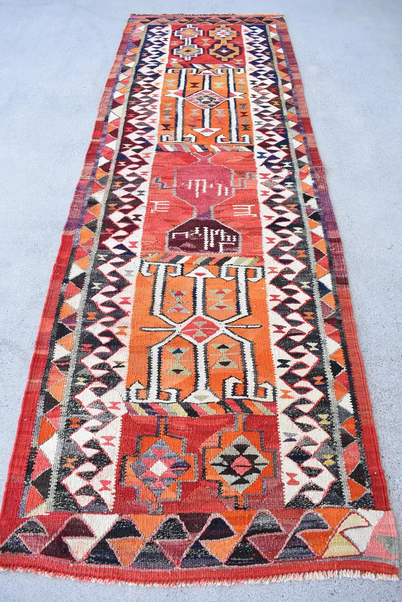 3.1x9.7 ft Rug, Vintage Turkish Rug, Red Orange Plants & trees Wool Rug - 1