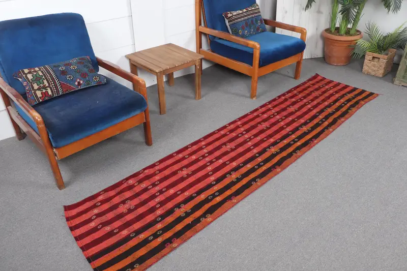 Red & Black Striped Rug, 2x8,6 ft Geometric Design