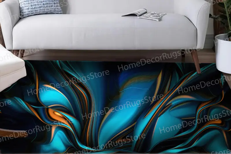 Elegante alfombra estampada en azul y naranja: decoración moderna para el hogar
