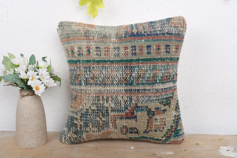 12x12 Blue Cushion, Cushion, One Of A Kind Pillow Case, Sustainable Pillow Case, Pillow for Couch, Vintage Kilim Pillow, Boho Pillow Sham Cover - 2