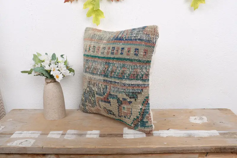 12x12 Blue Cushion, Cushion, One Of A Kind Pillow Case, Sustainable Pillow Case, Pillow for Couch, Vintage Kilim Pillow, Boho Pillow Sham Cover - 4