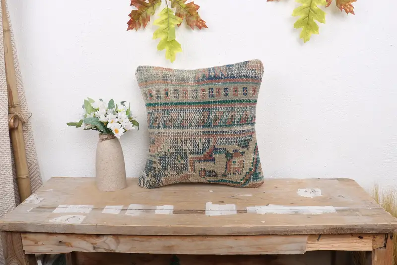 12x12 Blue Cushion, Cushion, One Of A Kind Pillow Case, Sustainable Pillow Case, Pillow for Couch, Vintage Kilim Pillow, Boho Pillow Sham Cover - 1
