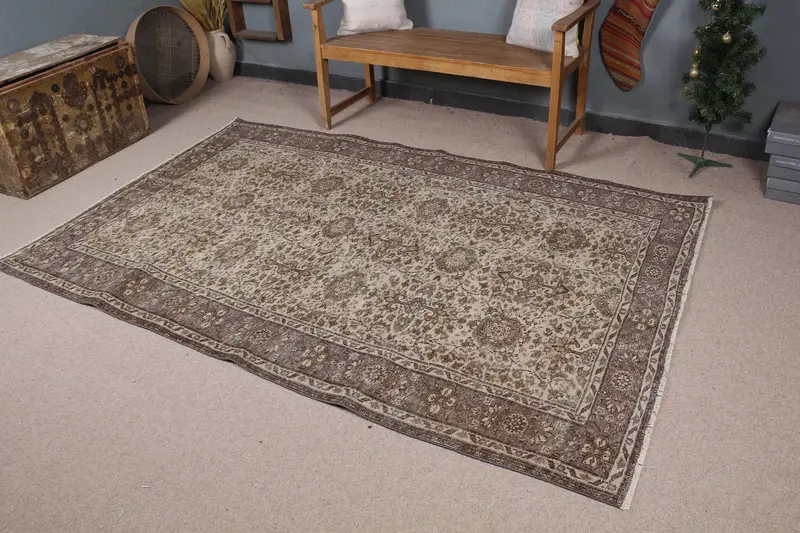 Vintage 5.2x7.9 ft Halı, Oushak Türk Halısı, Kahverengi Puantiyeli Yün Halı - 1