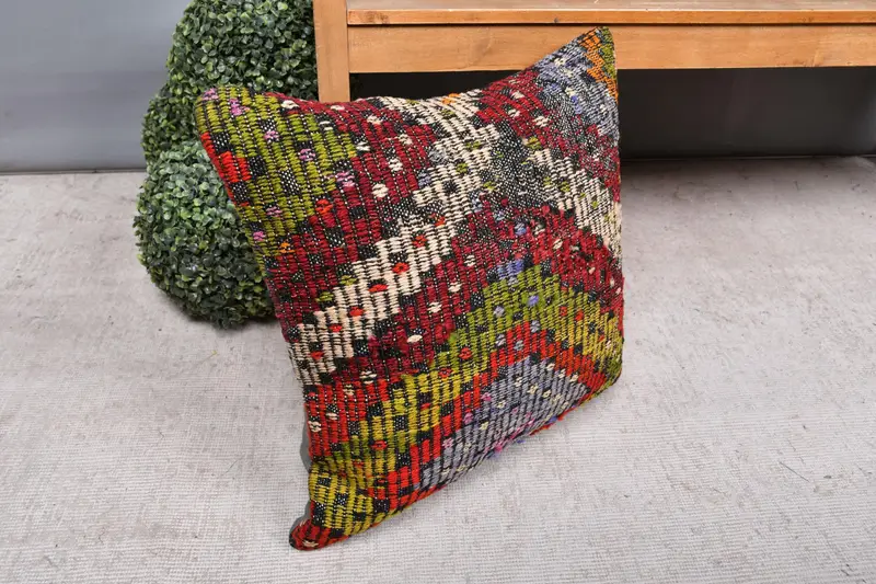 Christmas Pillow Sham, Vintage Kilim Pillow, Pet Pillow Case, Gift Pillow, Cushion, Handmade Kilim Cushion, 20x20 Red Cushion Case, Retro Cushion - 7