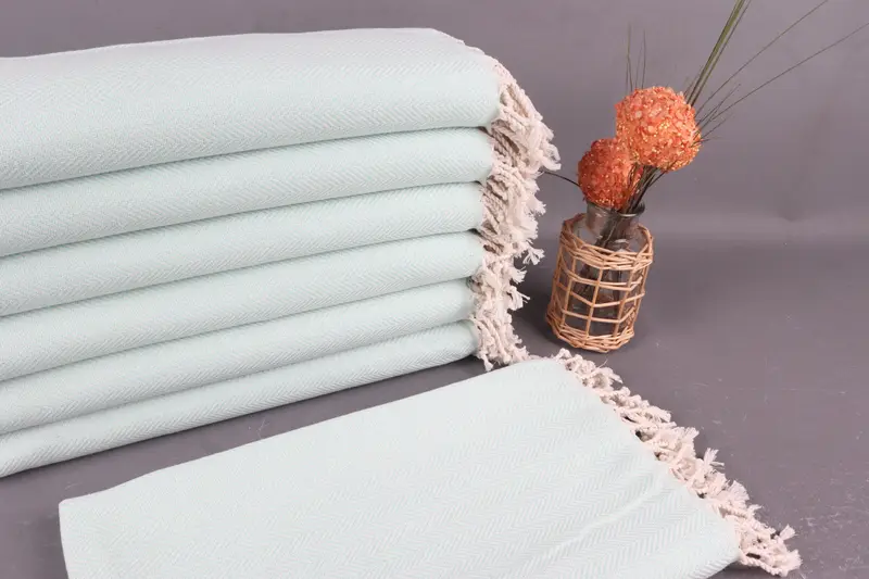 Beach Towel Organic Cotton Mint Herringbone, 40x71 Inches