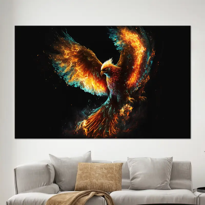 Impresión en lienzo para oficina en negro con pájaro fénix de moda - Decoración elegante