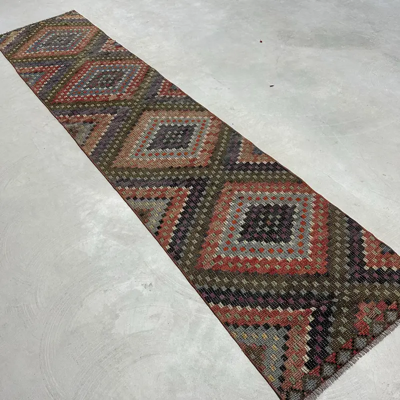 Vintage Turkish Rug, 2.3x10.7 ft Kilim Rug, Red Runner Check Rug - 1