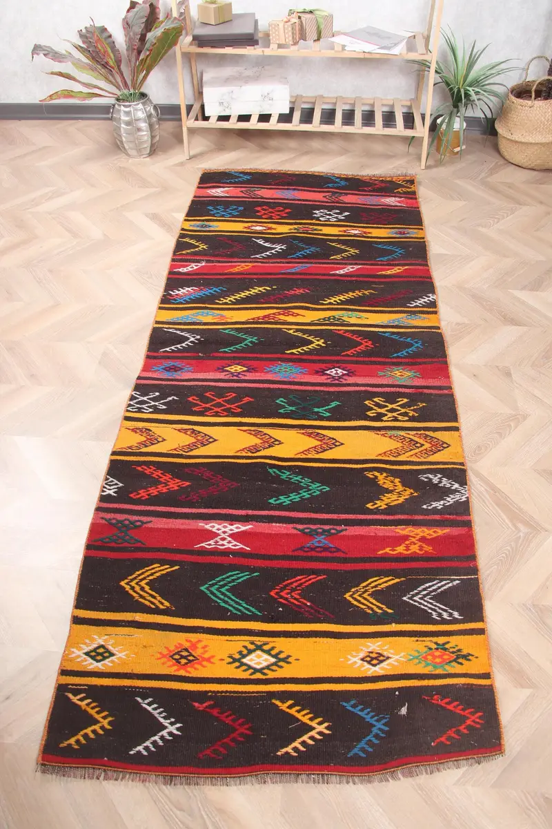 Kahverengi ve Sarı Halı, 2,9x7,4 ft Botanik Tasarım