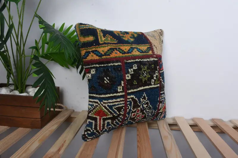 Bolster Throw Pillow Cover, 16x16 Blue Cushion, Cushion Case, Vintage Kilim Pillow, Outdoor Pillow Sham, Vintage Pillow, Ethnical Kilim Rug Pillow - 5