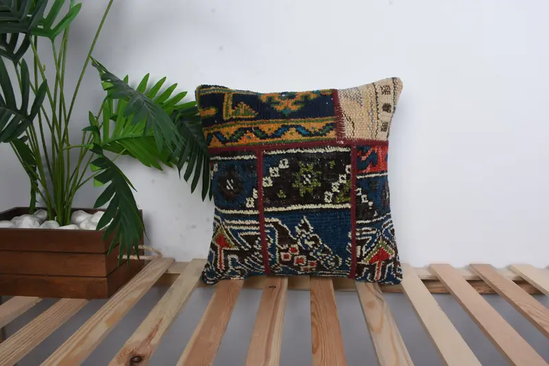 Bolster Throw Pillow Cover, 16x16 Blue Cushion, Cushion Case, Vintage Kilim Pillow, Outdoor Pillow Sham, Vintage Pillow, Ethnical Kilim Rug Pillow - 1