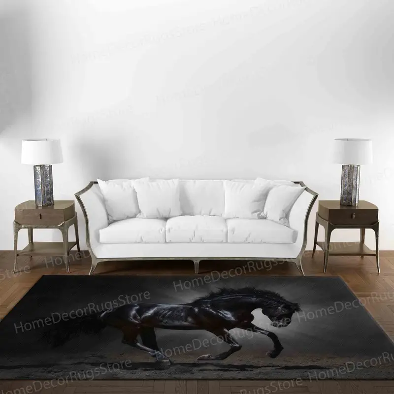 ブラックホースプリントラグ：馬愛好家のためのモダンなロフト装飾