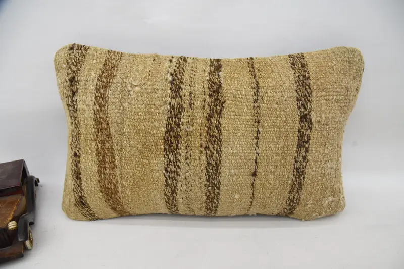 Handwoven Throw Cushion Cover, Striped Beige 12x20 inch Antique Pillow Case - 1