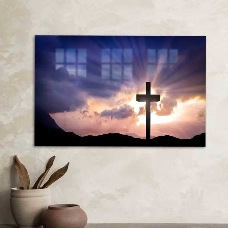 Elegante Vidrio Impreso: Paisaje Atardecer con Cruz Cristiana