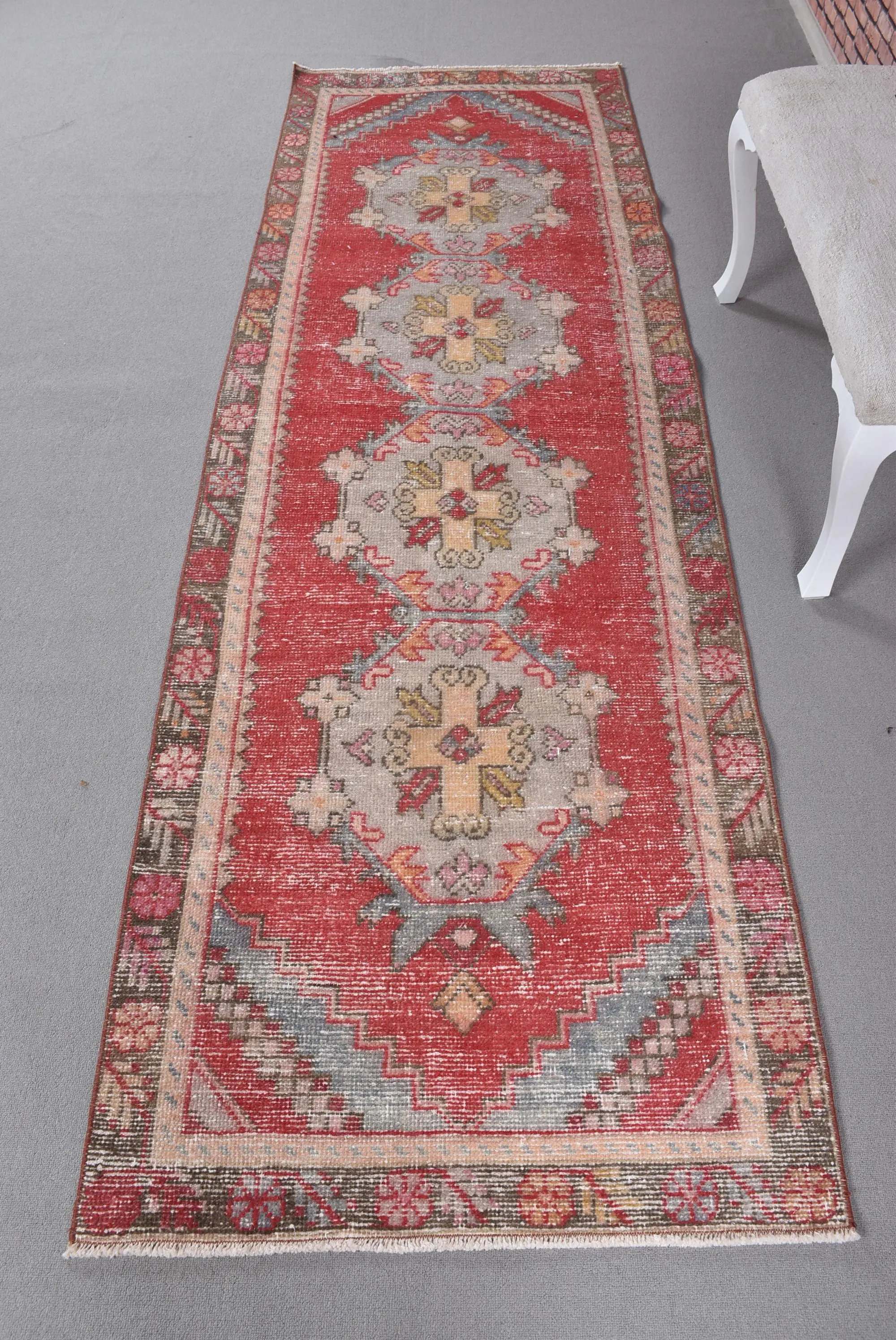 3x9.4 ft Turkish Runner Rug, Red Gray Vintage Floral Wool Rug - 1