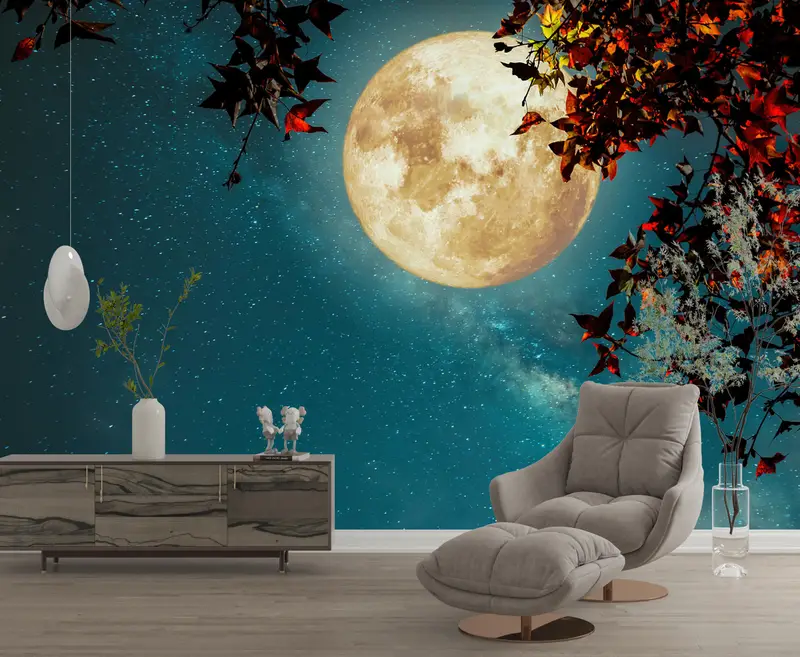 Elegant Printed Wallpaper: Full Moon View Landscape Scenery