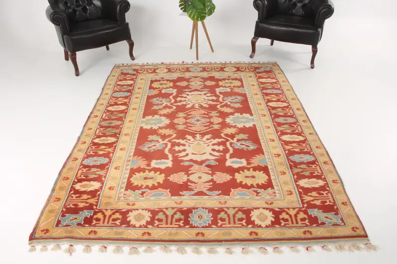 Turkish Vintage Rug, Large 5.8x7.9 ft (177x241 cm) Rug, Red Check Wool Rug - 1