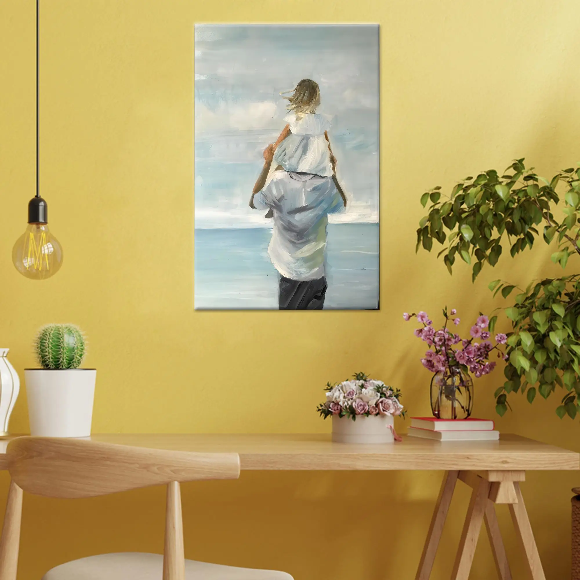 Impresión de lienzo de playa: Arte de pared familiar costero de padre e hija, pintura de papá e hijo - 1