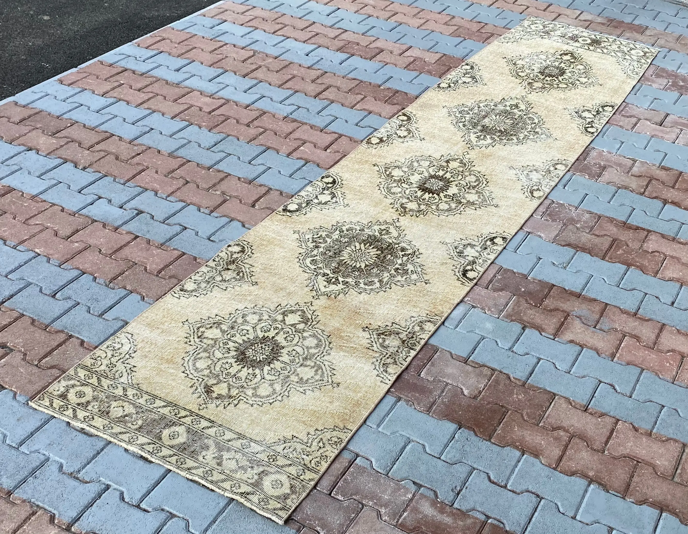 Turkish Vintage Rug, 2.8x13 ft Rug, Brown Floral Wool Rug - 1