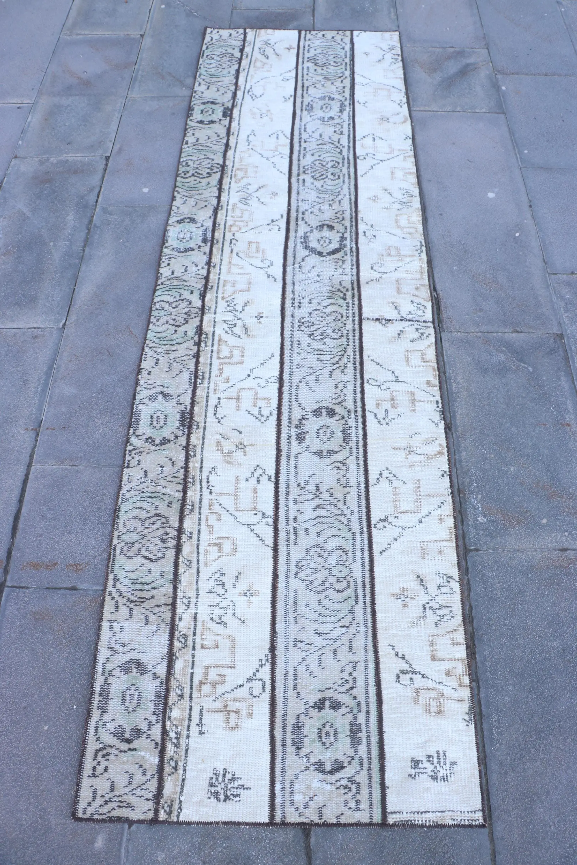2.3x7.9 ft Rug, Turkish Rug, Vintage White Wool Floral Rug - 1
