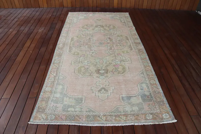 4.1x8.4 ft Vintage Türk Halısı, Alan Kilimi, Pembe Oushak Bitkiler ve ağaçlar Kilim - 1
