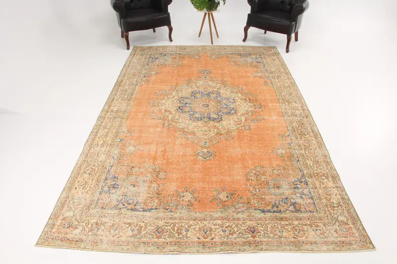 6.9x11.3 ft Vintage Rug, Oushak Rug, Orange Floral Rug Wool - 1