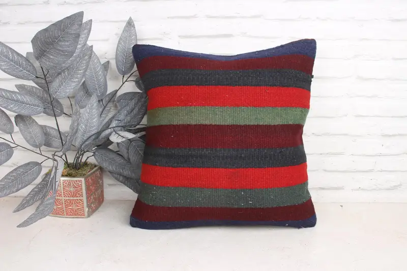 Vintage Kilim Pillow, Sustainable Pillow, 18x18 Red Cushion, Ethnic Cushion, Kilim Cushion Sham, Boho Pillow Sham Cover, Pillow Case - 1