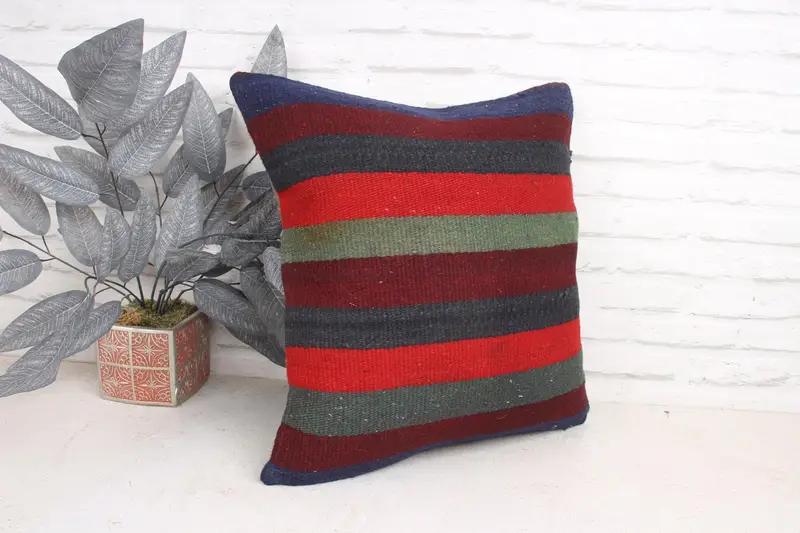Vintage Kilim Pillow, Sustainable Pillow, 18x18 Red Cushion, Ethnic Cushion, Kilim Cushion Sham, Boho Pillow Sham Cover, Pillow Case - 3