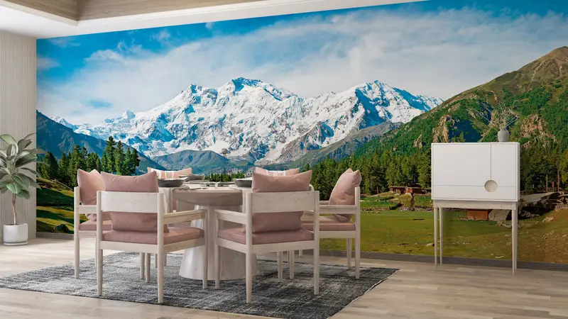 Papierwandkunst, helles Tapepapier, Nanga Parbat und Feenwiesen Landschaft, maßgeschneiderte Tapepapier, Naturlandschaftswandkunst, - 7