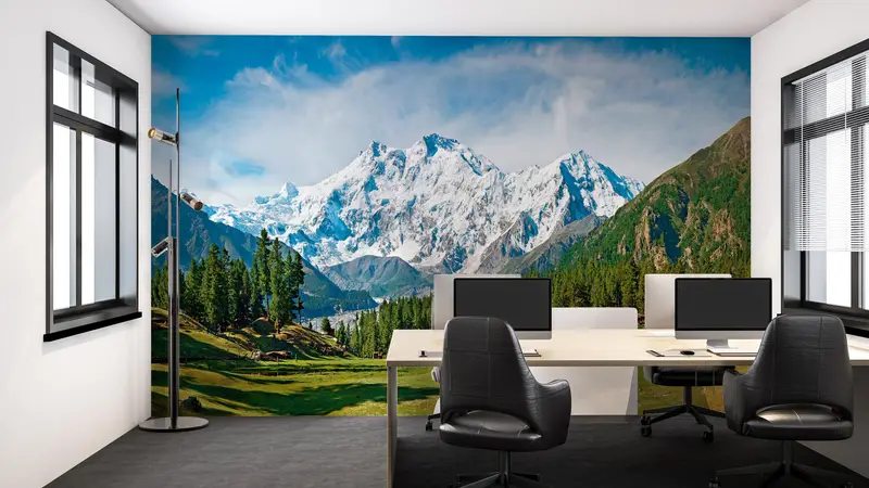 Papierwandkunst, helles Tapepapier, Nanga Parbat und Feenwiesen Landschaft, maßgeschneiderte Tapepapier, Naturlandschaftswandkunst, - 2