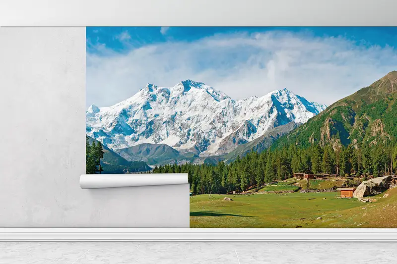 Papierwandkunst, helles Tapepapier, Nanga Parbat und Feenwiesen Landschaft, maßgeschneiderte Tapepapier, Naturlandschaftswandkunst, - 1