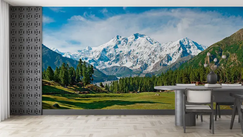 Papierwandkunst, helles Tapepapier, Nanga Parbat und Feenwiesen Landschaft, maßgeschneiderte Tapepapier, Naturlandschaftswandkunst, - 4