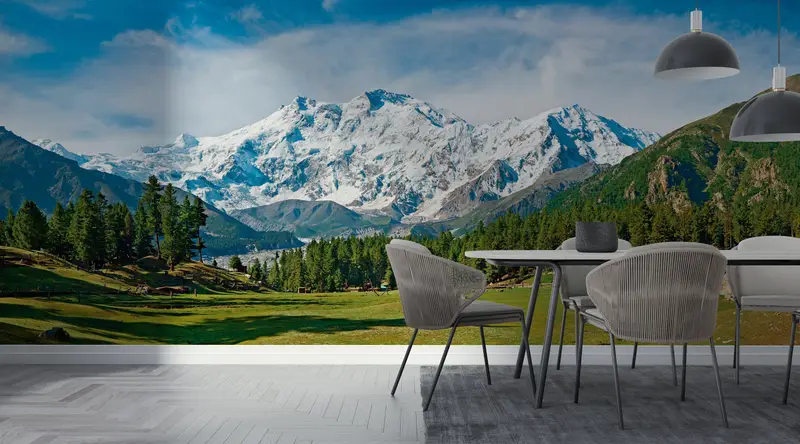 Papierwandkunst, helles Tapepapier, Nanga Parbat und Feenwiesen Landschaft, maßgeschneiderte Tapepapier, Naturlandschaftswandkunst, - 6