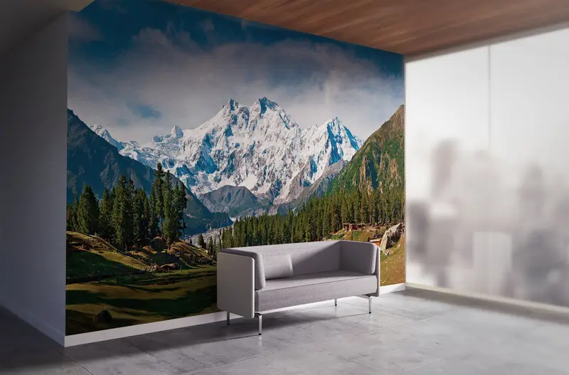 Papierwandkunst, helles Tapepapier, Nanga Parbat und Feenwiesen Landschaft, maßgeschneiderte Tapepapier, Naturlandschaftswandkunst, - 3