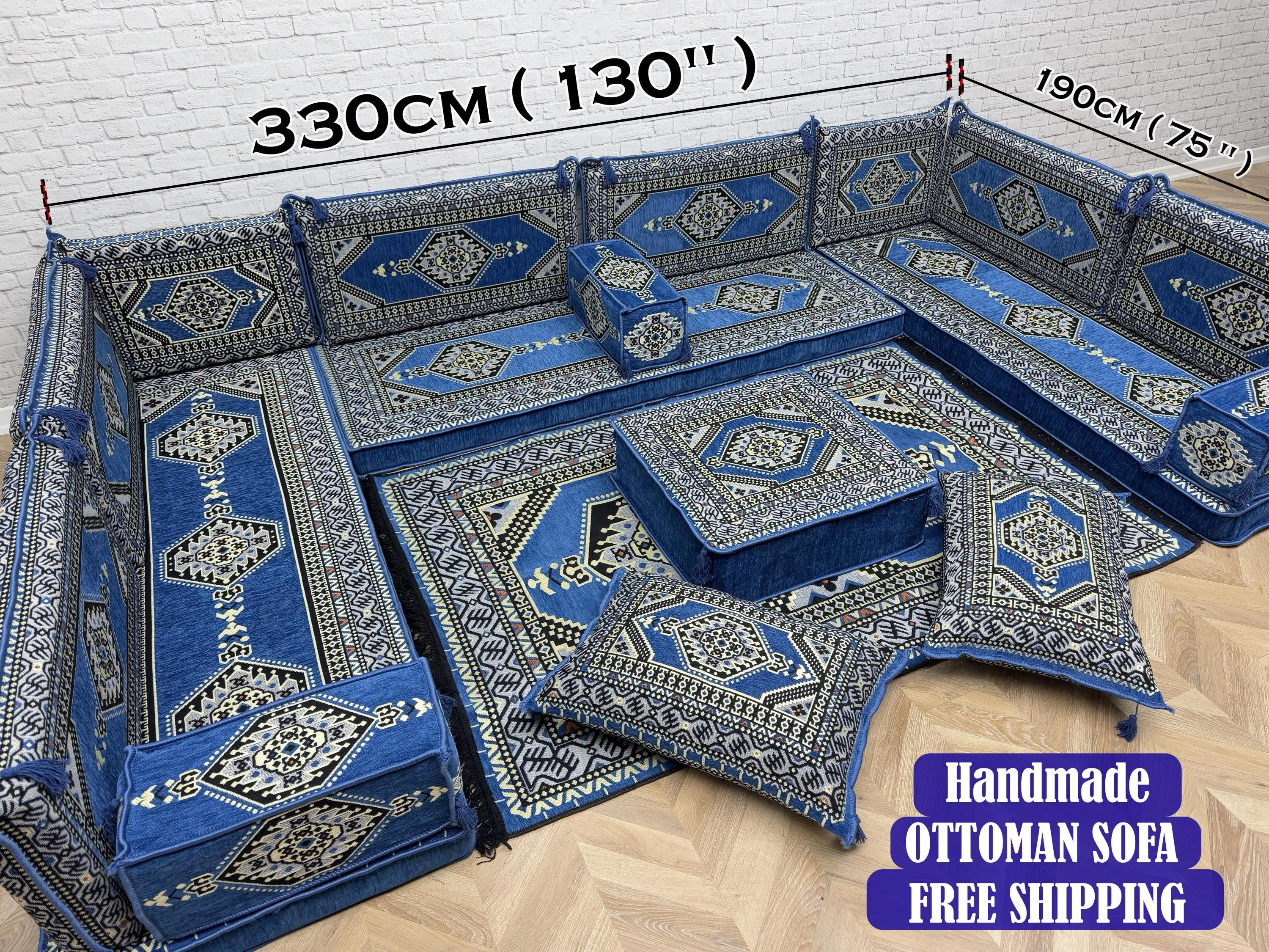 Kelim-inspiriertes Ottoman-Set aus blauer und schwarzer Wolle, modularer Ottoman - 1