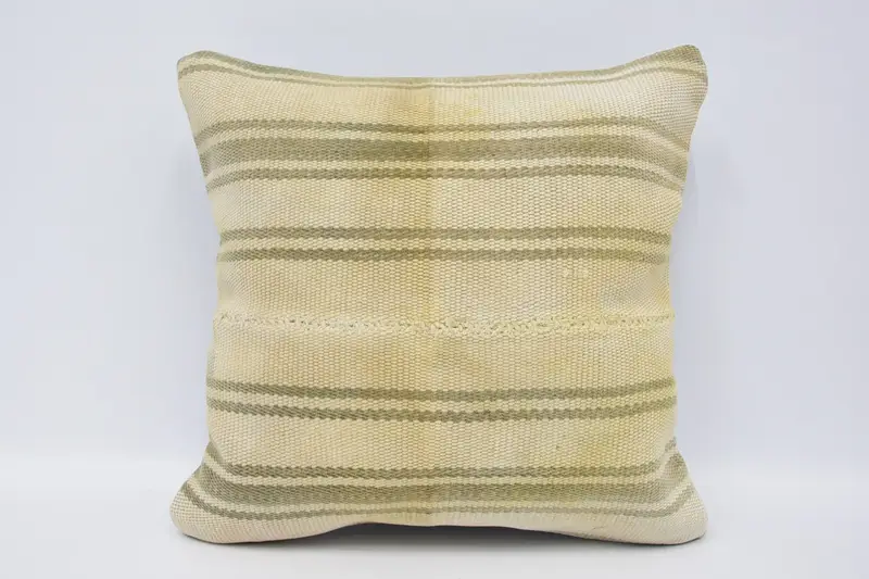 Vintage Striped Beige Euro Sham, Square Antique 16x16 inch Pillow Cover - 1
